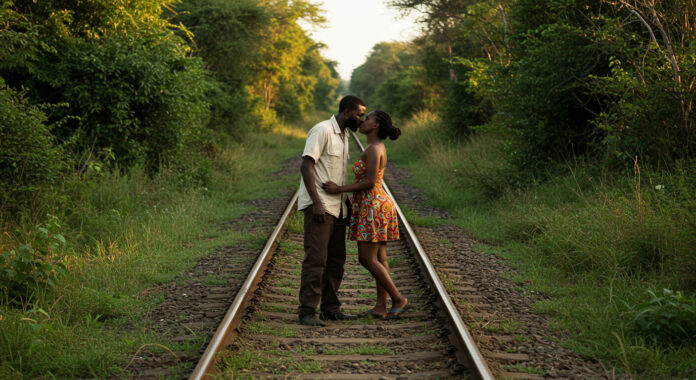 couple kissing along the railway line