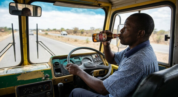 bus driver drinking castle lager beer alcohol while driving